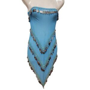 Blue Bellydance Hip Scarf 4 Rows of Coin Tassels Long and Wide Wrap Scarf Skirt